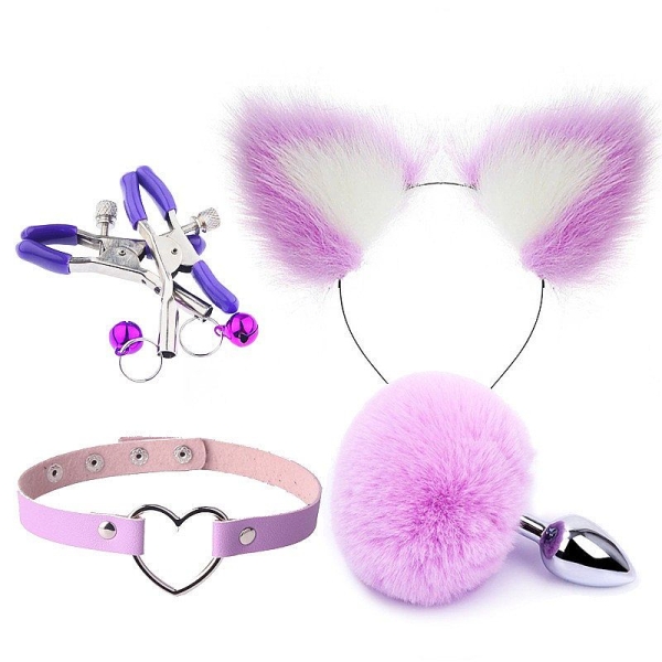 Kit - lilaz Rabo de Coelho com Tiara de Orelhas - Grampos para os seios em Metal e Gargantilha