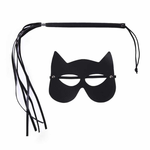 Kit Mulher Gato Com Chicote E Máscara Preta Linha Sado Sexy Fantasy
