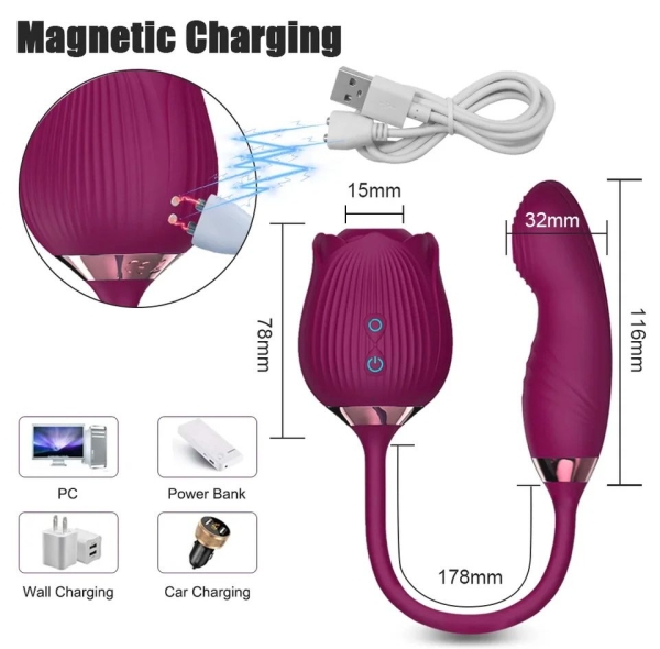 Vibrador de Ponto G e Clitóris com Pulsação - Formato de Rosa - Flowery Pro - roxo - Image 6