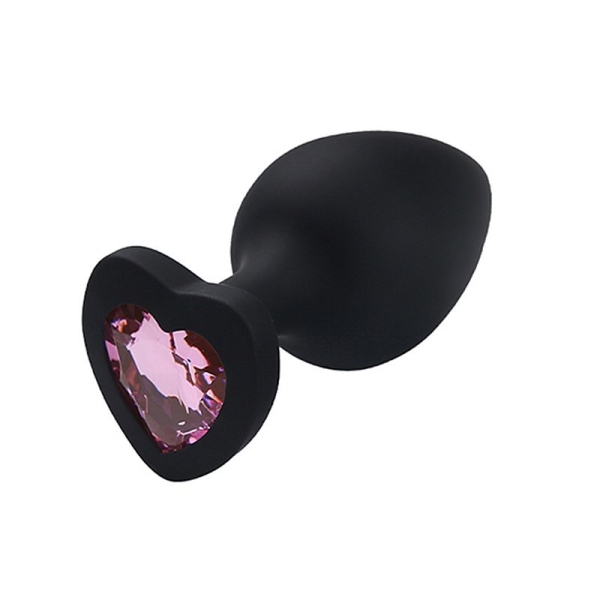 Plug Anal de Coração em Silicone - Tamanho P preto pedra rosa
